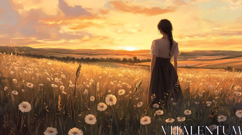 Woman in Field at Sunset AI Image