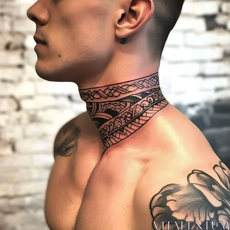 Detailed Black Ink Neck Tattoo Design AI Image