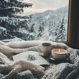 Winter Serenity: Coffee, Candle, and Snowy View