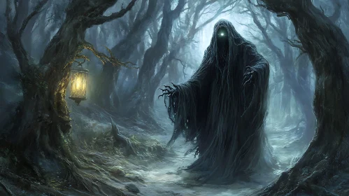 Shadowy Figure in Misty Forest