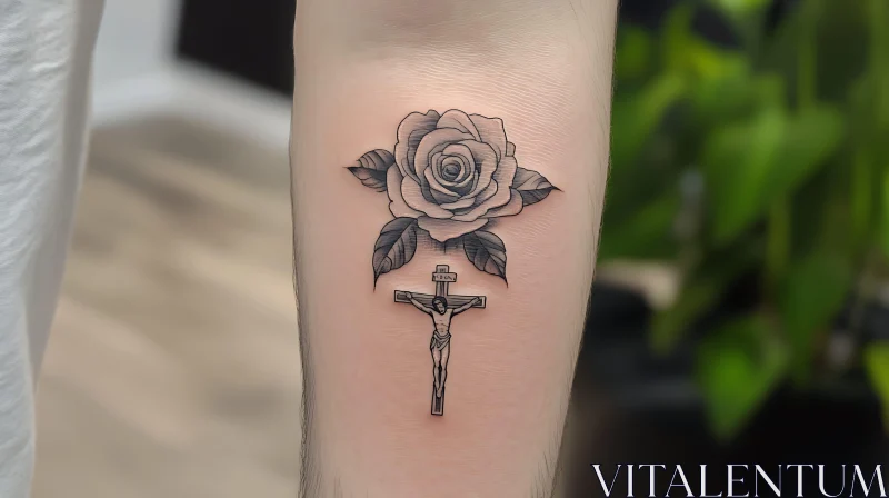 Freshly Inked Rose and Crucifix Tattoo AI Image