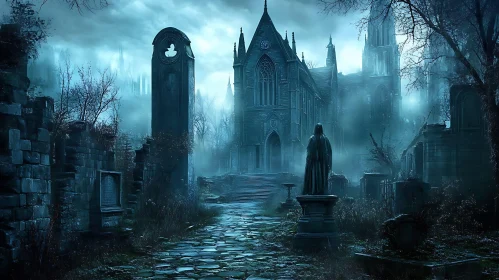 Ethereal Graveyard Scene with Gothic Architecture