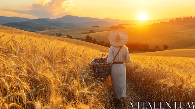 Woman Walking Through Golden Wheat Field at Sunset AI Image