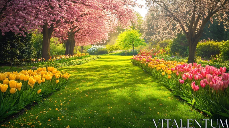 Serene Garden with Tulips and Blossoms AI Image