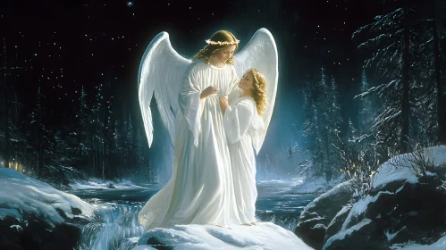 Serene Angelic Encounter in Snowy Landscape