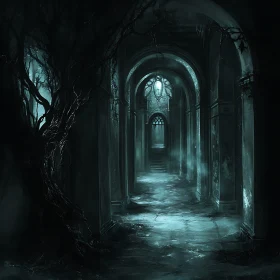 Mysterious Gothic Hallway with Bare Tree