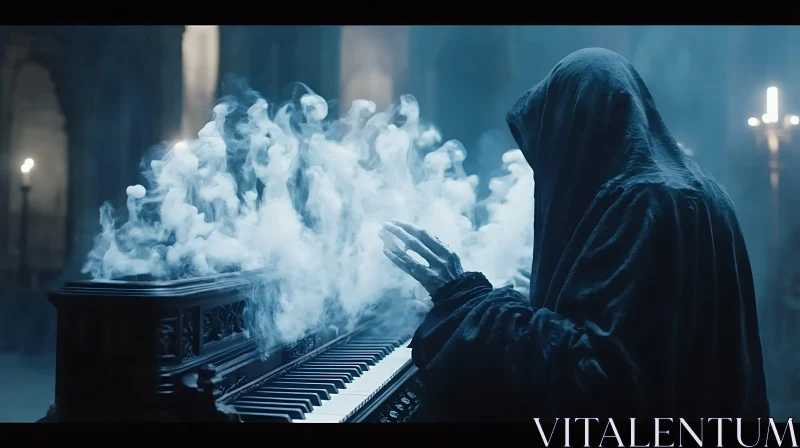 Shrouded Figure at Smoky Piano AI Image