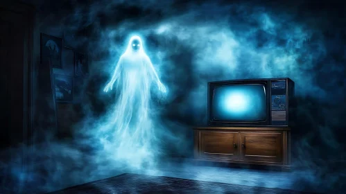 Spectral Presence: Ghostly Apparition in Blue Mist