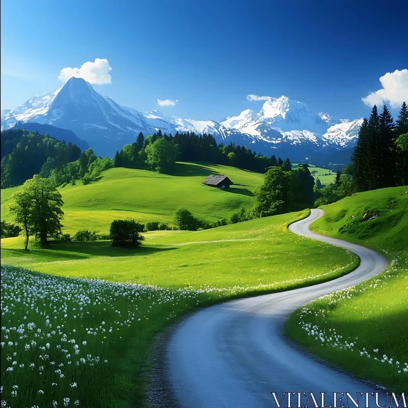 AI ART Winding Road Through Green Field to Mountains