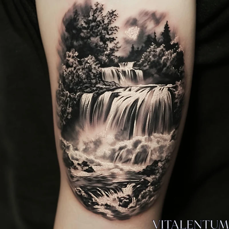 Detailed Nature Tattoo with Waterfall AI Image