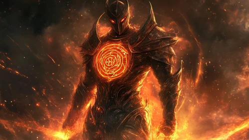 Armored Warrior Amidst Swirling Fire