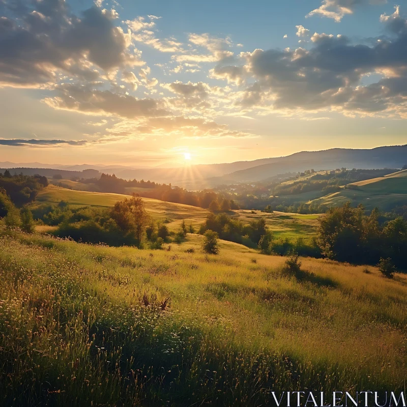 Scenic Sunset Landscape with Grassy Hills AI Image