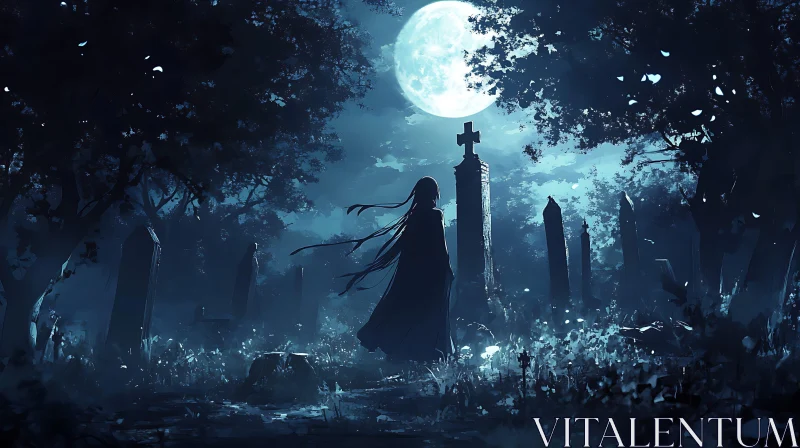 AI ART Moonlit Cemetery Scene with Solitary Figure