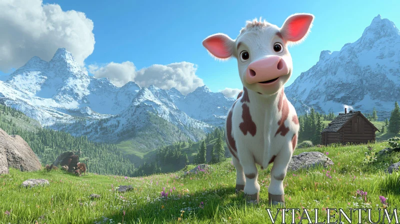 Cartoon Cow in Alpine Pasture AI Image