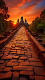 Ancient Stone Walkway at Sunrise over Angkor Thiraphan Temple