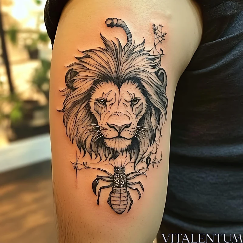 Intricate Lion-Scorpion Arm Tattoo AI Image