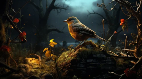Bird in Enigmatic Dark Forest - Photorealistic 2D Game Art