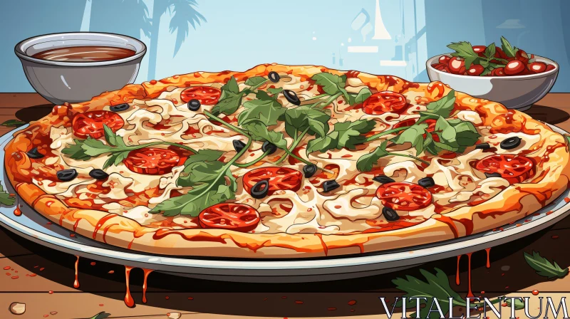 Gourmet Pizza with Tomatoes, Olives, and Herbs AI Image