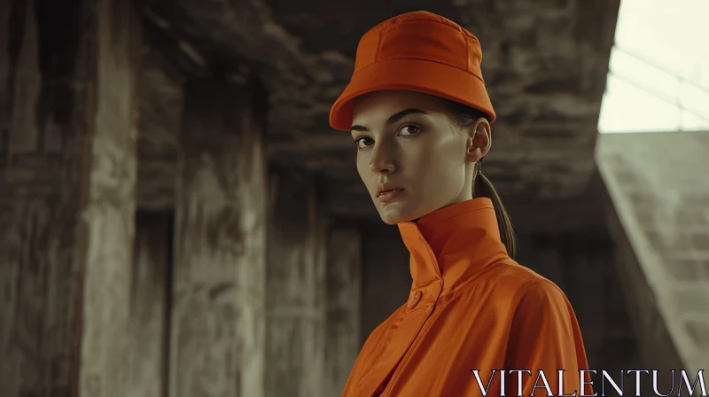 Captivating Portrait of Young Woman in Orange Hat and Coat AI Image