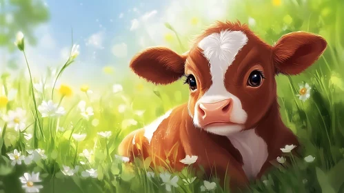 Resting Calf amongst the Flowers