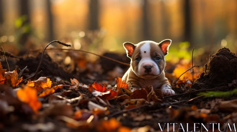 Charming Puppy Nestled in Autumn Leaves - Nature Photography AI Image