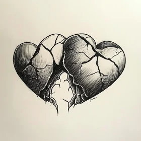 Cracked Hearts: Pen and Ink Illustration