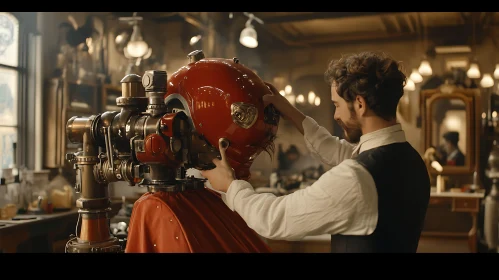 Man Adjusting Steampunk Device