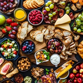 Diverse Spread of Fruits, Cheese, and Bread