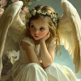 Pensive Angel with Wings and Flowers