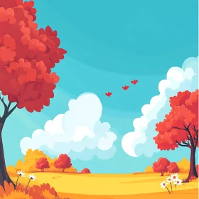 Fall Field With Red Trees and Butterflies