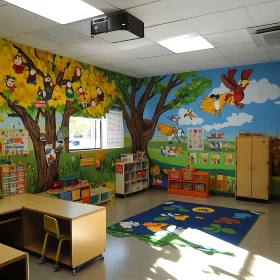 Bright Classroom with Cartoon Murals