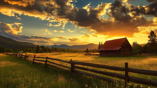 Picturesque Sunset Landscape with Old Barn