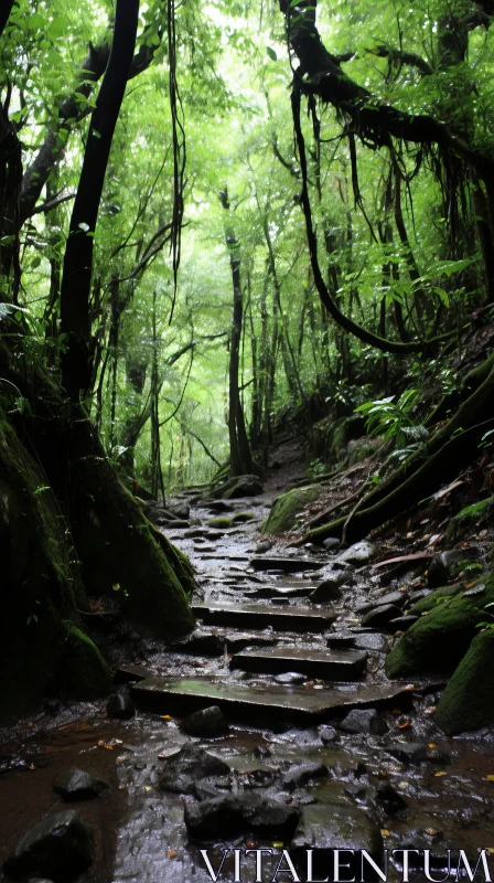 Mystical Stone Path Leading to a Majestic Mountain in a Lush Green Jungle AI Image