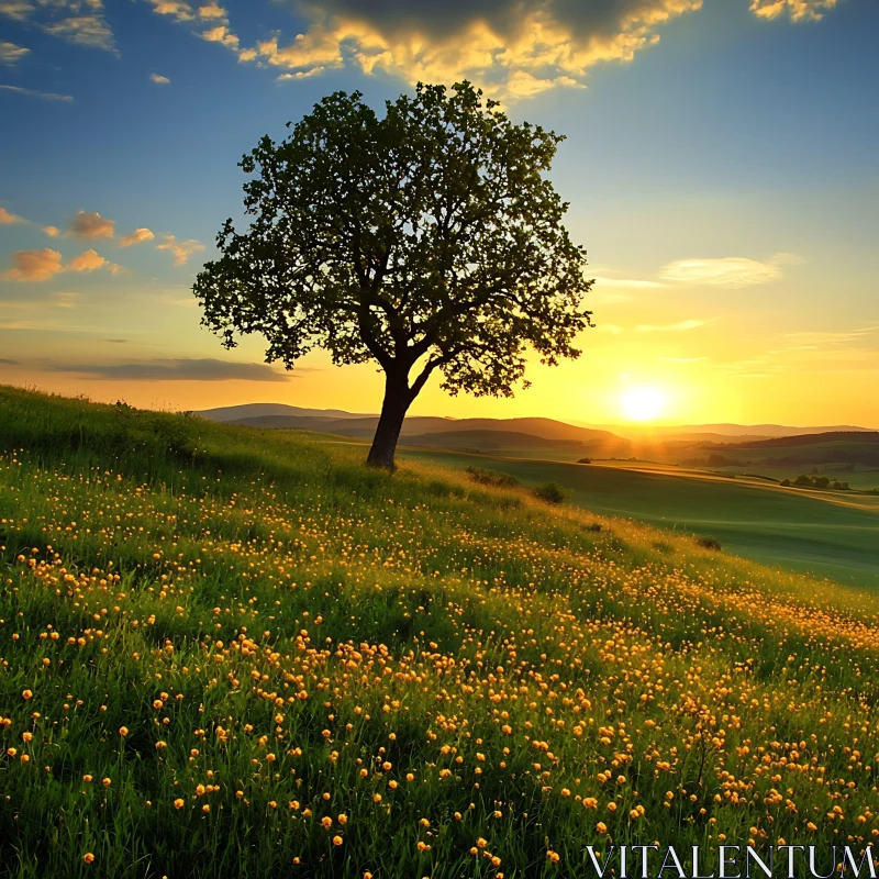 AI ART Golden Field Sunset with Tree Silhouette