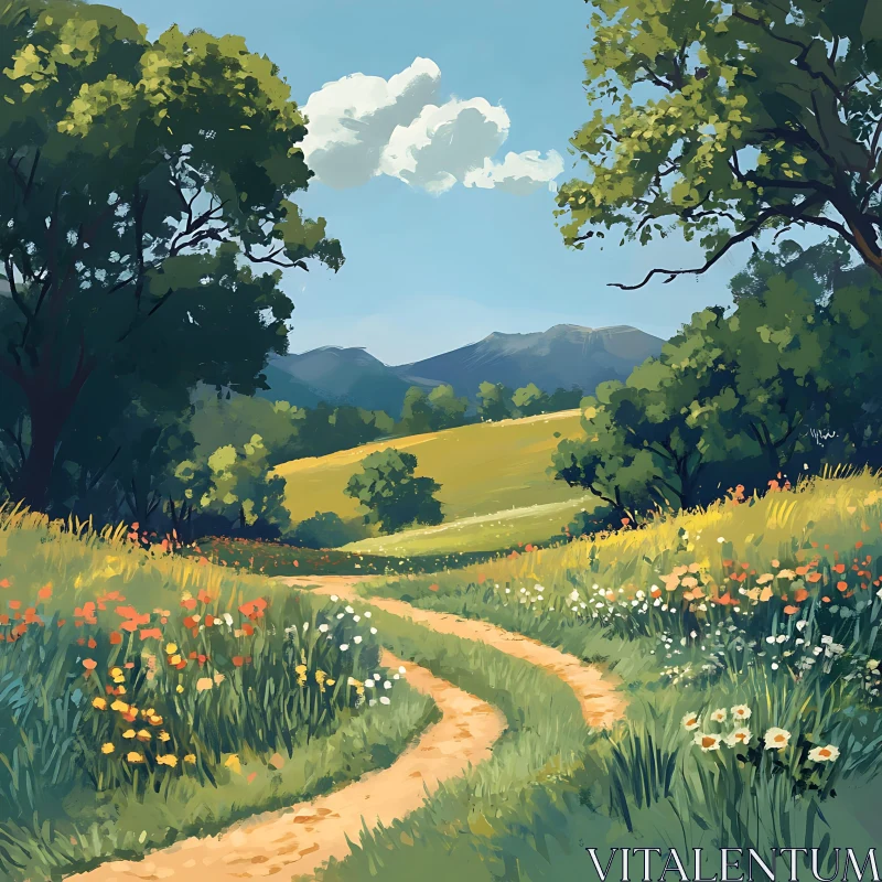 AI ART Scenic Countryside Road with Flowers