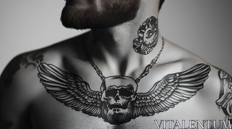 Intricate Black Ink Tattoos: Winged Skull and Floral Patterns AI Image