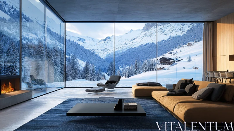 Winter Mountain View from Modern Living Room AI Image