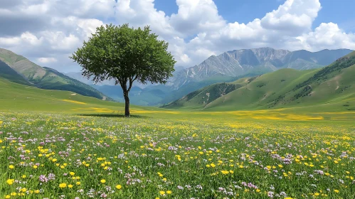 Scenic Meadow with Tree and Mountains