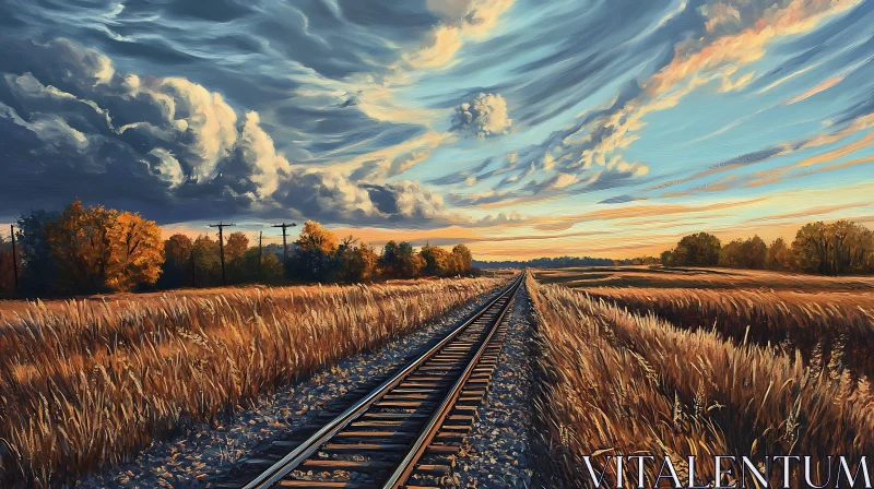 Sunset Over Railroad Tracks Art AI Image