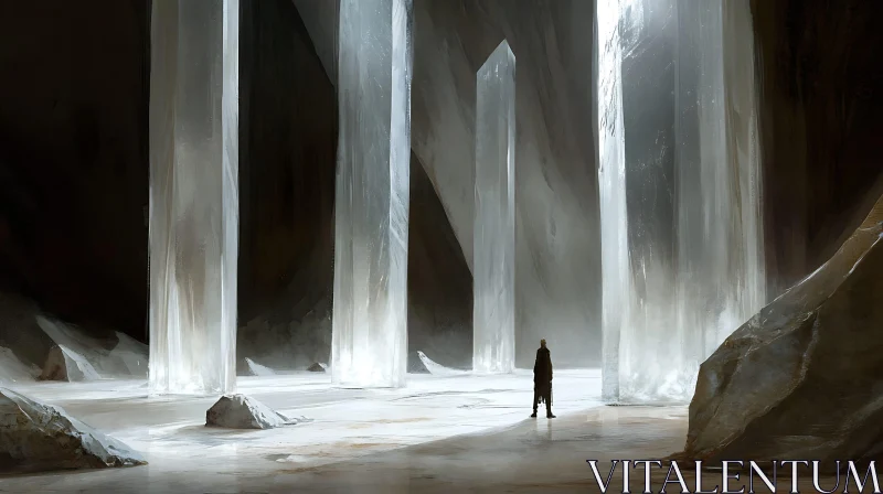 AI ART Figure in Ice Cave with Standing Monoliths