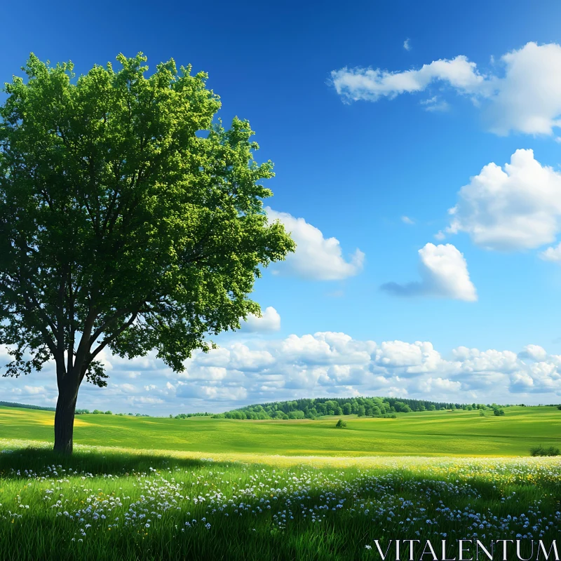 AI ART Peaceful Landscape with Tree and Clouds