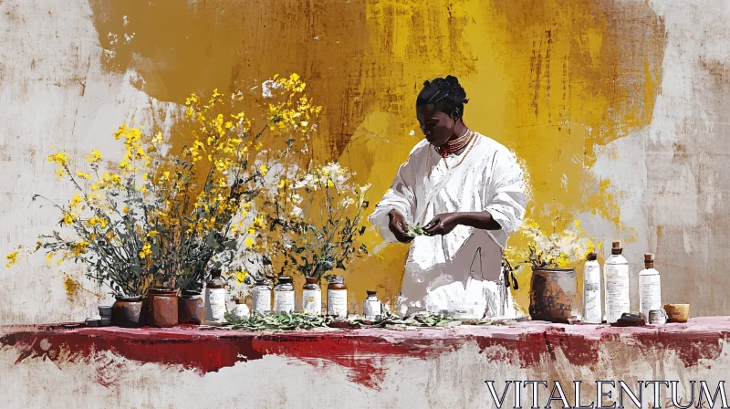 Woman Preparing Herbs with Vintage Still Life AI Image