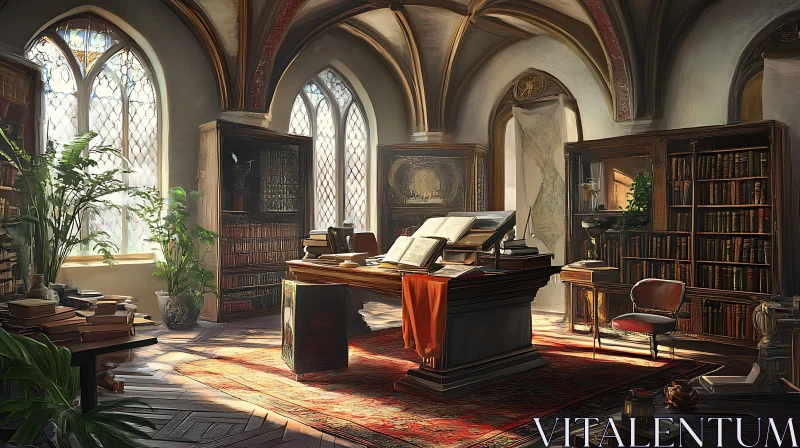 AI ART Antique Library with Books and Sunlight