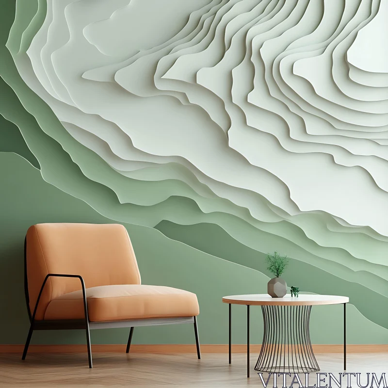 Modern Room with Layered Green Wall AI Image