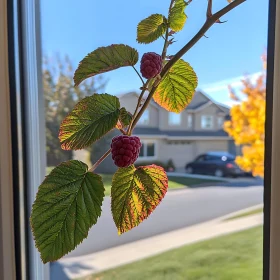 Raspberry Branch in Sunlight Through Window