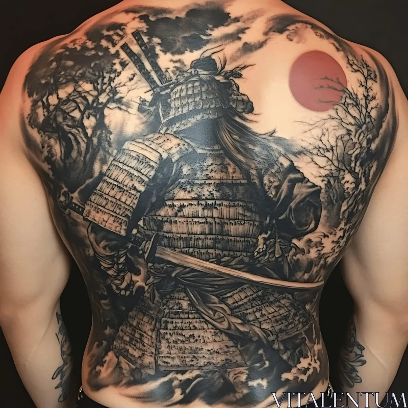 Detailed Warrior Tattoo Art on Back AI Image