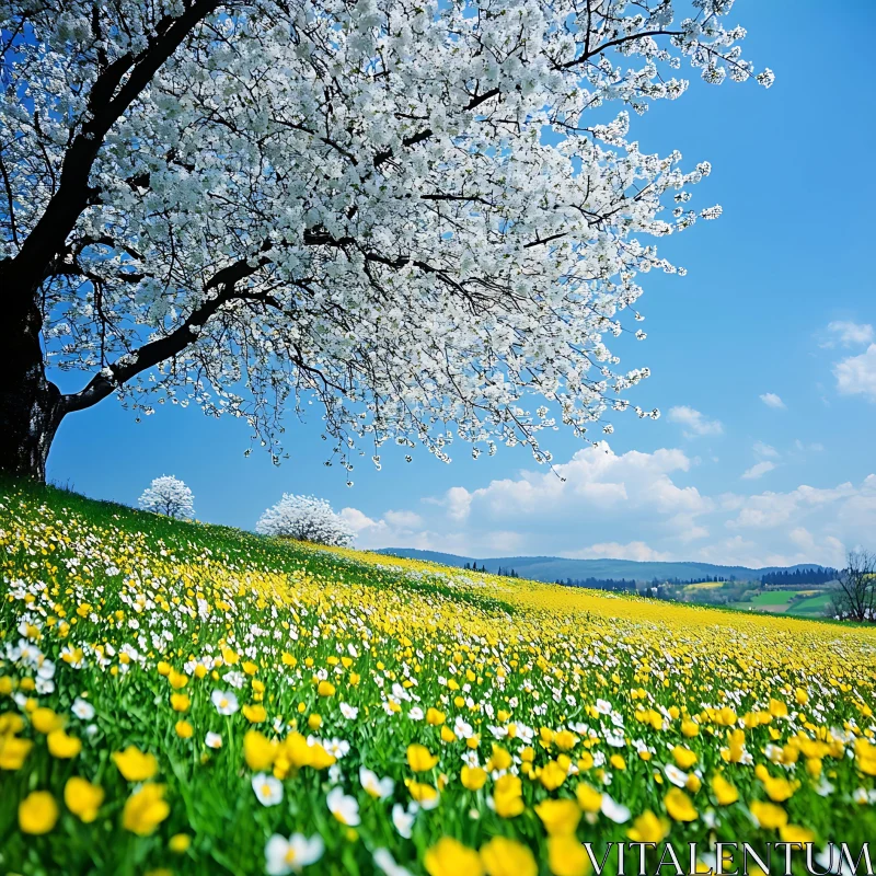 AI ART Spring Meadow with Blossoming Tree