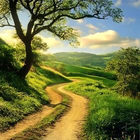 Lush Green Hills Landscape with Sunlit Path