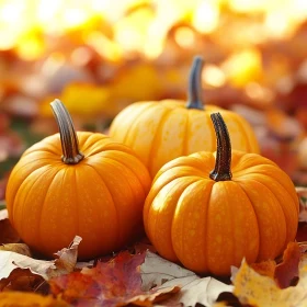 Three Pumpkins Among Autumn Leaves