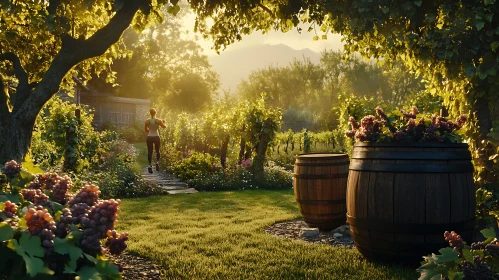 Woman Jogging in Sunny Vineyard